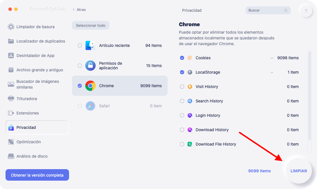 Eliminar datos seleccionados del navegador