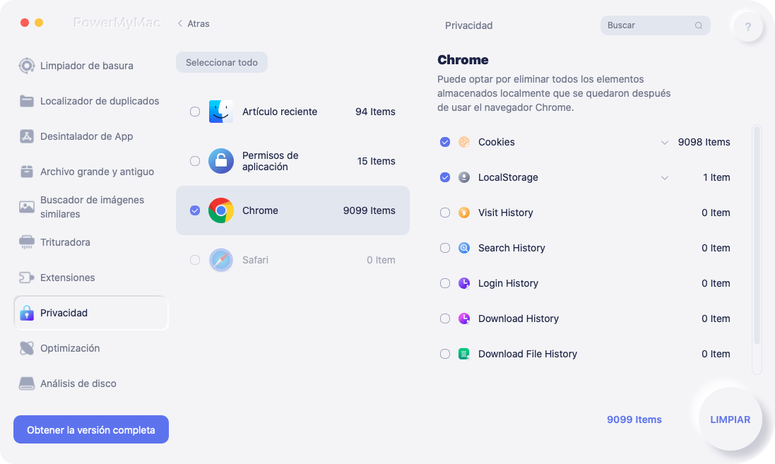 Elija los datos del navegador para eliminar