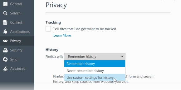 Opción No rastrear y bloquear cookies en Firefox