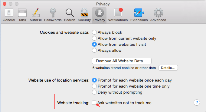 Opción de no seguimiento y bloqueo de cookies en Safari