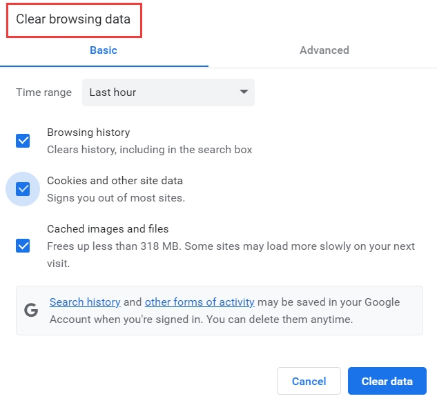 Limpia el almacenamiento de tu navegador Google