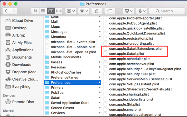 Eliminar archivos de preferencias de Safari