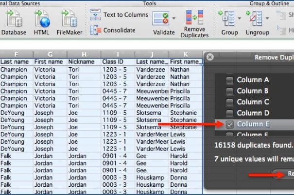 Presione el botón OK para eliminar duplicados