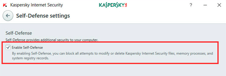 Active la opción de autodefensa después de borrar Kaspersky Cache