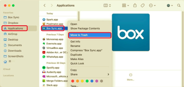 Desinstale Box Sync en Mac arrastrándolo a la papelera