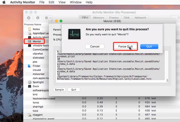 Forzar la salida para desinstalar Movist en Mac