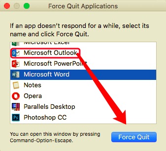 Forzar el cierre de Outlook antes de desinstalarlo en Mac