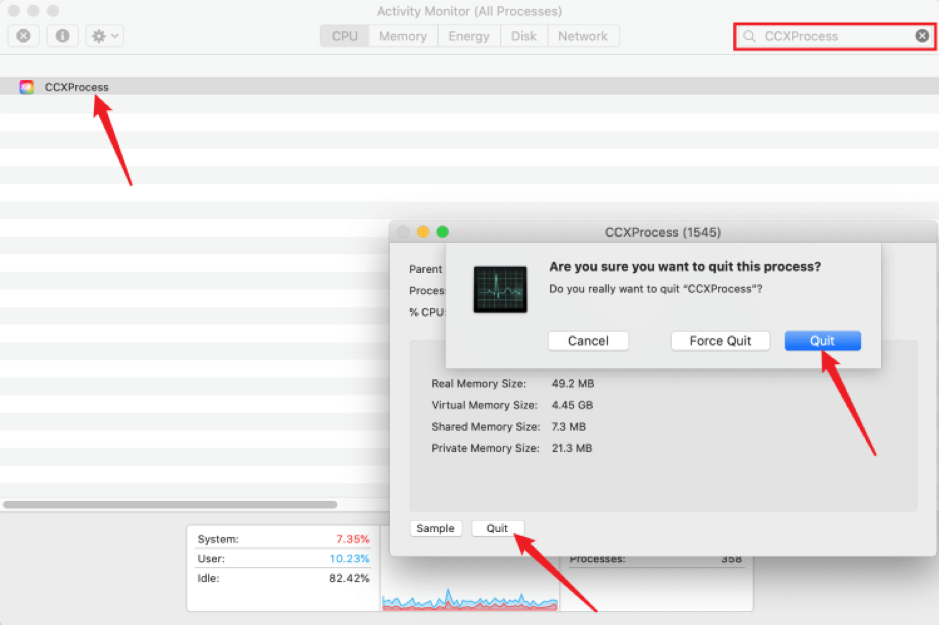 Salga de CCXProcess de Mac antes de la desinstalación