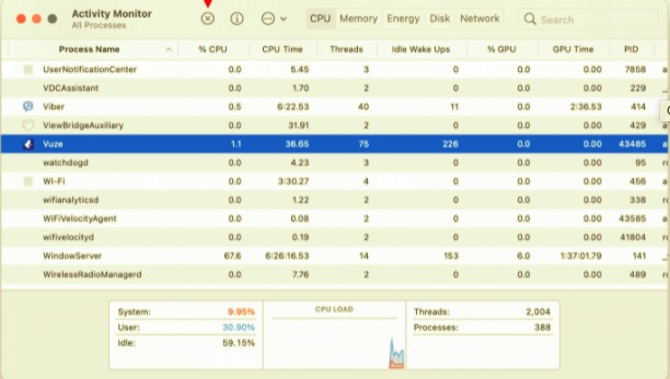 Salga de Vuze a través del Monitor de actividad antes de desinstalarlo en Mac