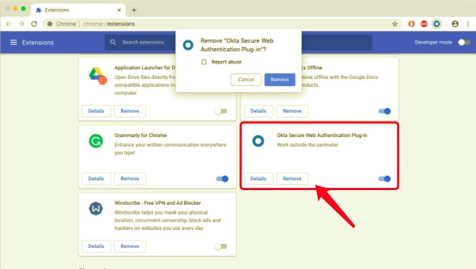 Eliminar el complemento Okta de Mac a través de la configuración de Chrome