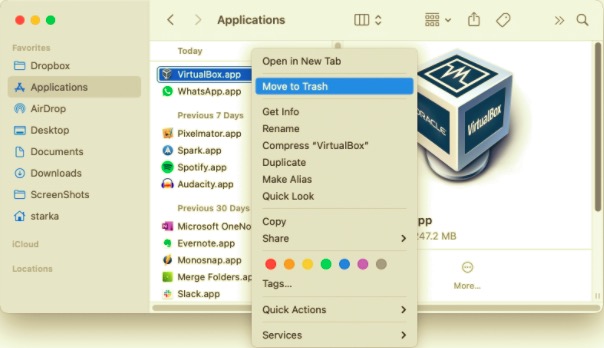 Desinstale VirtualBox de Mac directamente a través del Finder