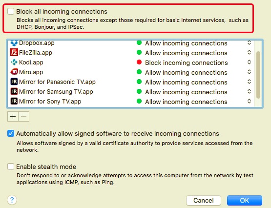 Cambiar las preferencias de seguridad del cortafuegos en Mac