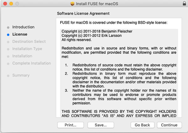 Licencia de instalación de Osxfuse