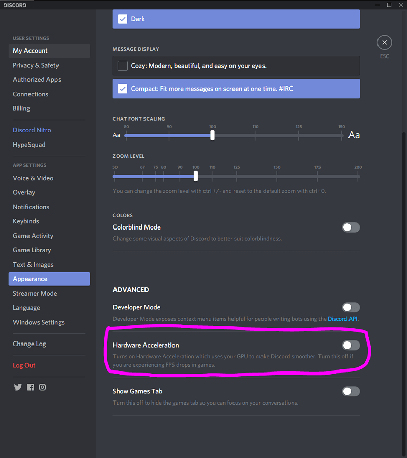 Desactiva la aceleración de hardware en Discord