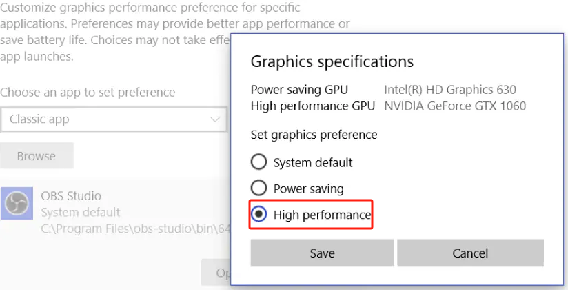 Modificar la configuración de gráficos de OBS