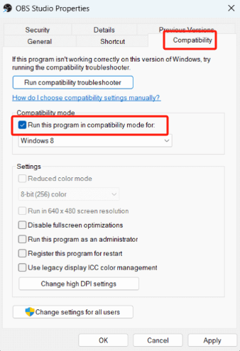 Habilite el modo de compatibilidad para reparar la captura de juegos OBS que no funciona