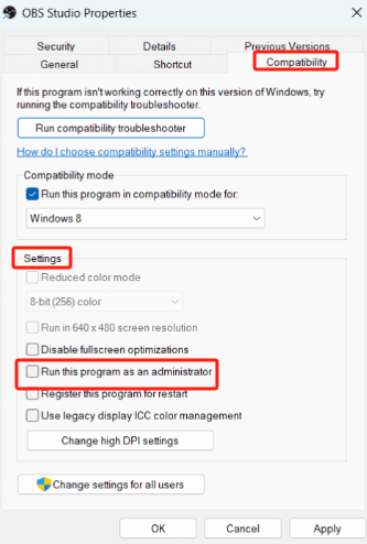 Ejecute OBS como administrador para arreglar la pantalla negra de captura de juego