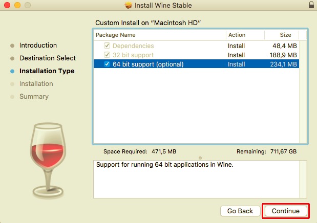 Active la compatibilidad con 64 bits al instalar Wine en Mac