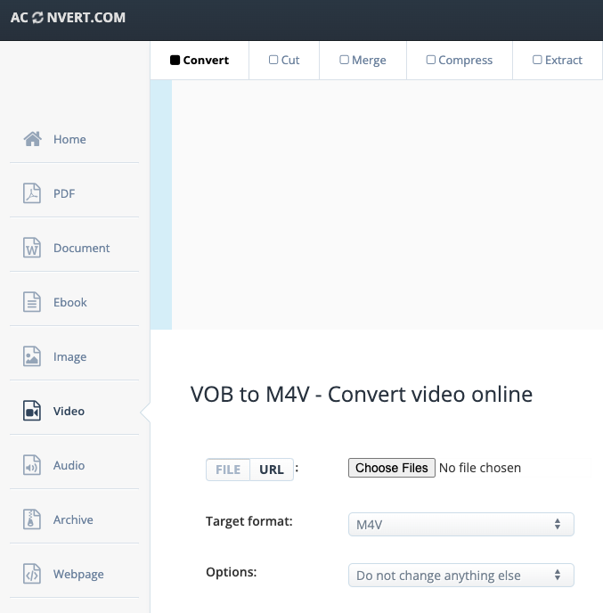 Convierte VOB a M4V en Aconvert.com