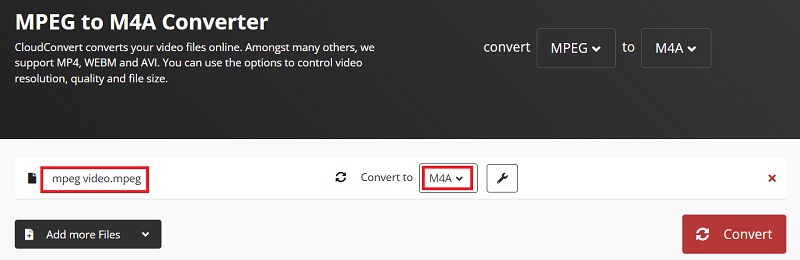 Use CloudConvert para convertir MPEG a M4A