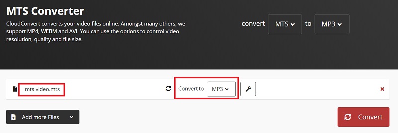 Use CloudConvert para convertir MTS en MP3