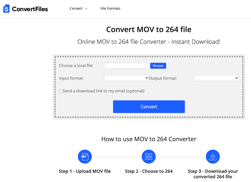 Convierta archivos MOV a H.264 en línea en ConvertFiles.com