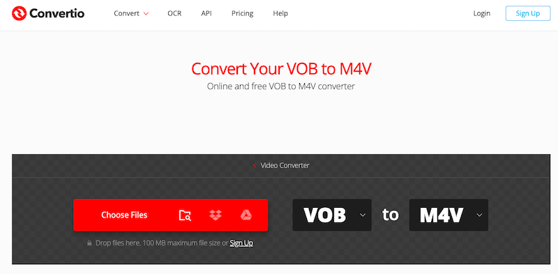 Visite Convertio.co para convertir archivos VOB a M4V en línea de forma gratuita