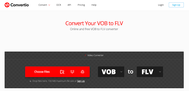 Visite Convertio.co para convertir VOB a FLV