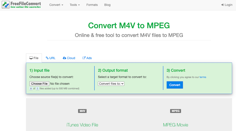 Convierta M4V a MPEG en línea a través de FreeFileConvert.com