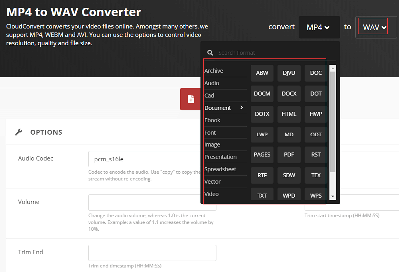 Convertir video a WAV a través de CloudConvert
