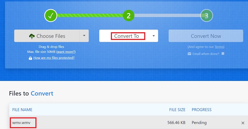 Use Zamzar para convertir WMV a MPEG2