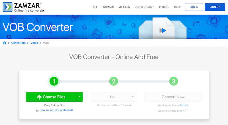 Convierta VOB a FLV en línea gratis en Zamzar.com