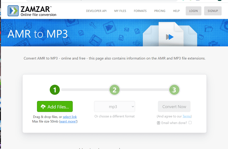 Convierta AMR a MP3 usando Zamzar
